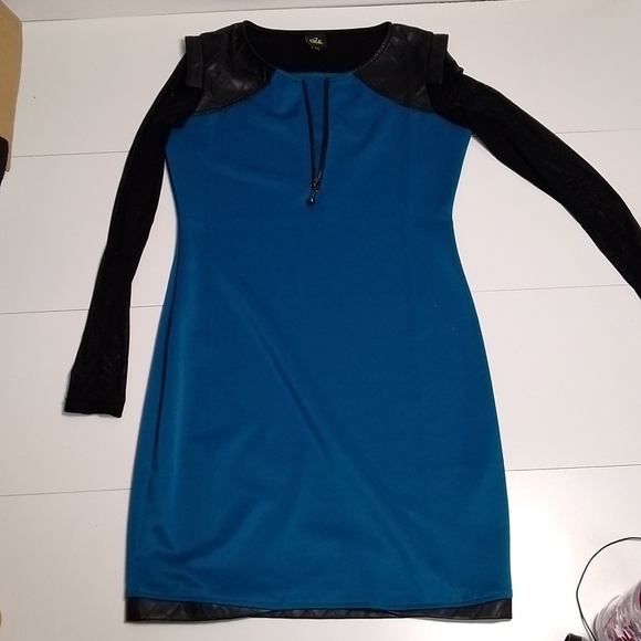 Oze dress bodycon teal mesh sleeves faux leather trim size  medium - Picture 1 of 7